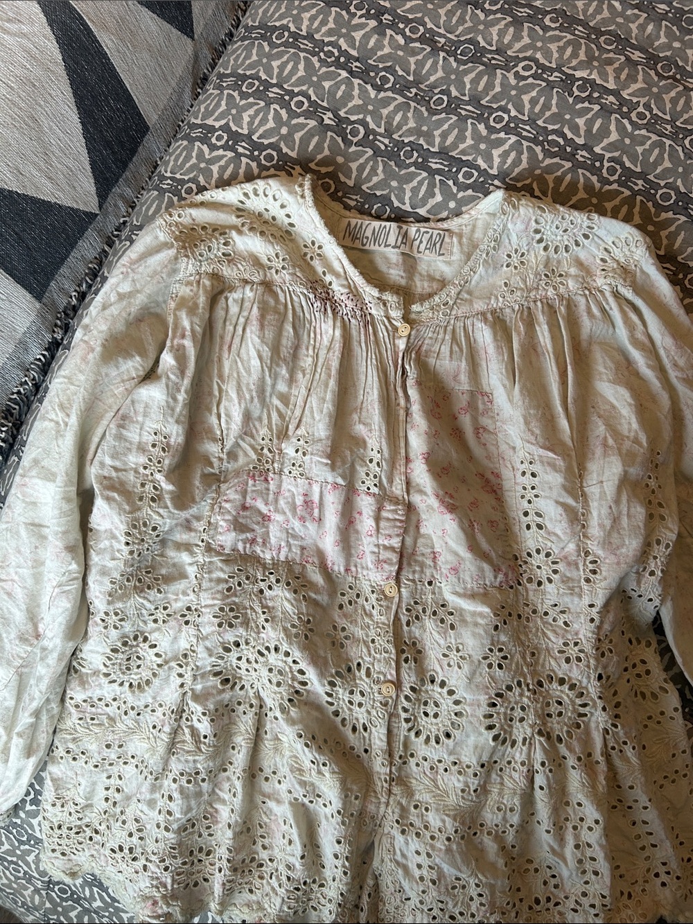 Magnolia Pearl Cream Eyelet Button-Down Blouse with Pink Accents